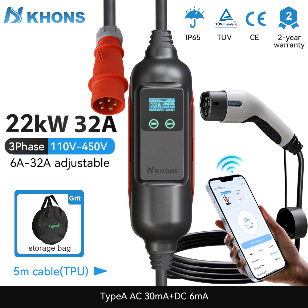 Portable Ev Charger 32A Type 2 Cee Plug - Khons portátil ev carregador type2 32a